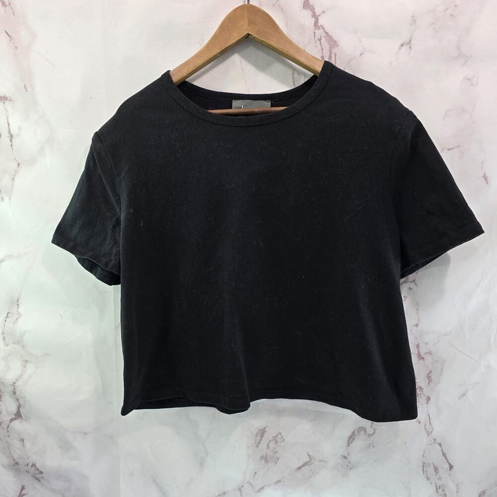 By Anthropologie T Shirt Womens XL Black Boxy Crop Cropped Shoulder Pads